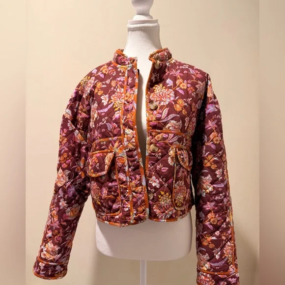 7 For All Mankind Quilted Floral Bomber Cropped Jacket in Burgundy - size M - Picture 6 of 8